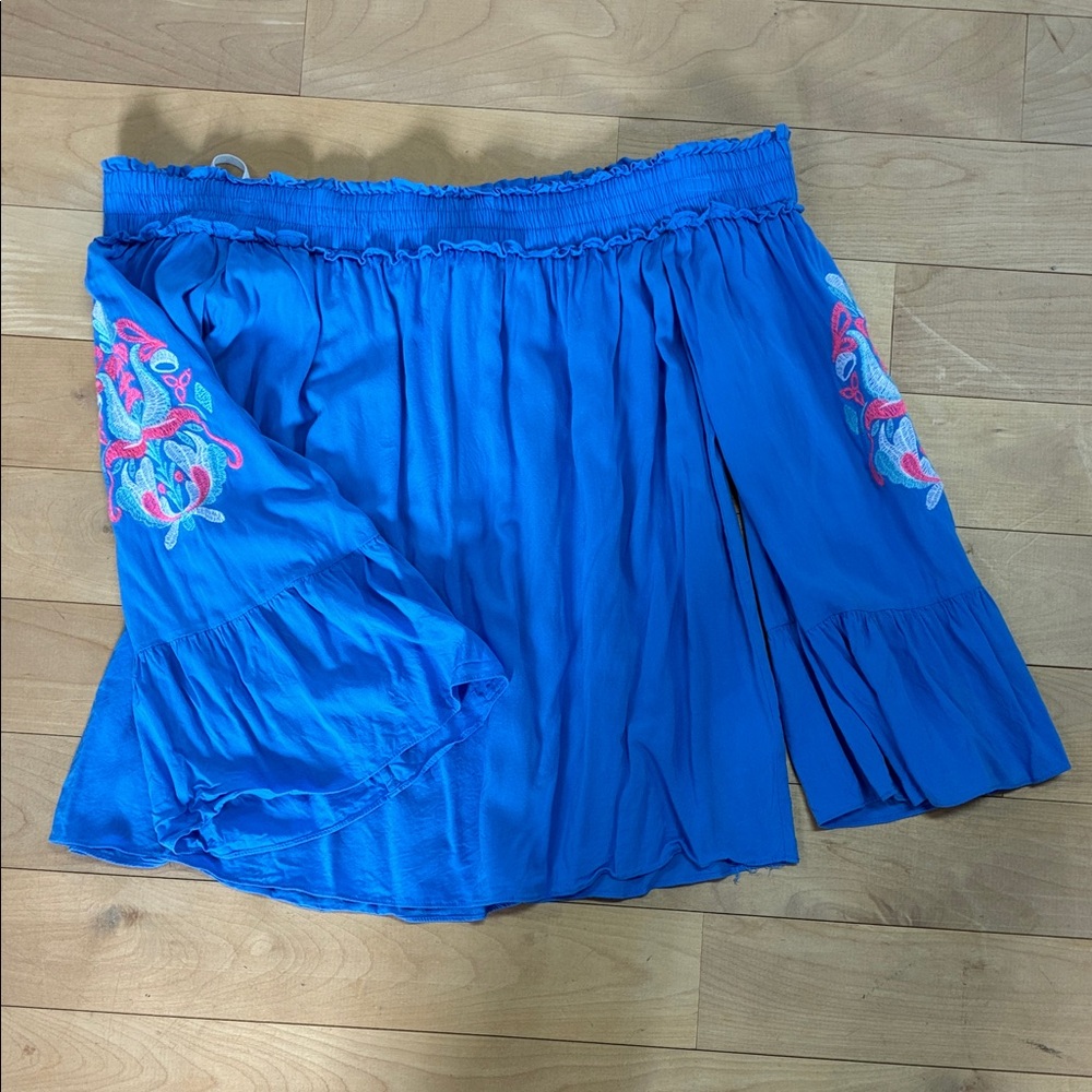Lilly Pulitzer Bright Blue Off The Shoulder Top with Pink & White Embroidery